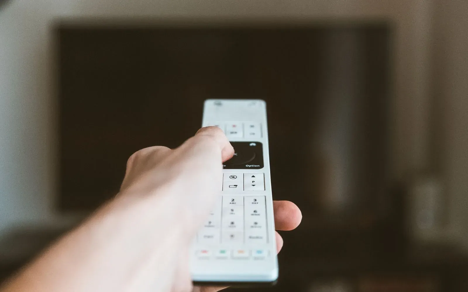 Main tenant une télécommande devant un téléviseur éteint, dans un salon